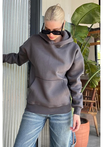 Füme Kapüşonlu Şardonlu Oversize Cepli Sweatshirt Mg2206