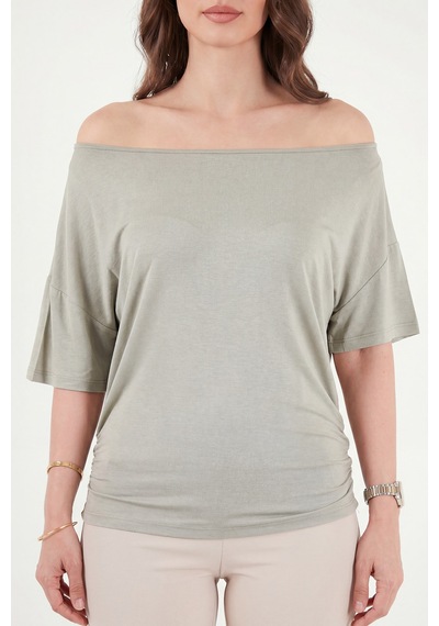 Lela Standart Fit Drape Detaylı Yarasa Kol T Shirt Bayan T Shirt 5866962 Olive