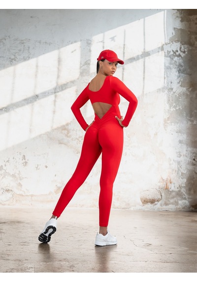 Lismina Kırmızı Uzun Kollu Arkası Büzgülü Scrunch Butt Spor Tulum Kırmızı
