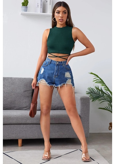 Angbutik Kadın Yeşil Çapraz Bağlamalı Crop Top Büstiyer