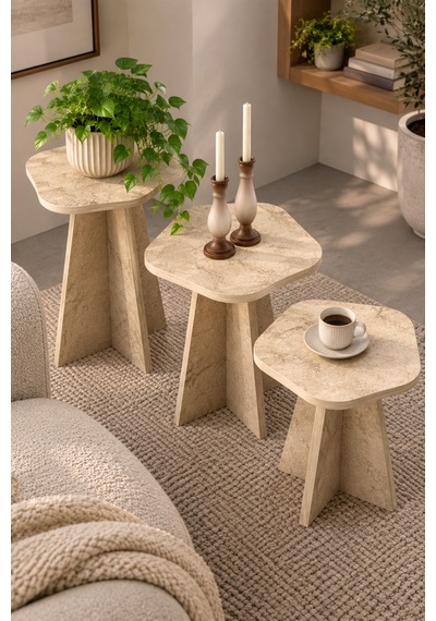 Sulorahome Çiçek Formlu Traverten Desenli 3'lü Zigon Sehpa Seti Bej Beyaz - Wenge