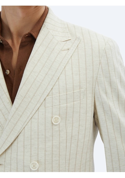 Kip Bej Çizgili Modern Fit Keten Karışımlı Ceket Bej