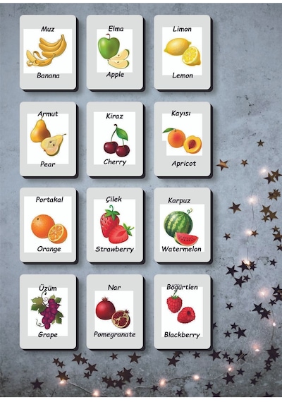 Ahşap Zeka Kartları Eşleştirme Oyunu Ahşap Puzzleoyuncak Meyveler Türkçe-ingilizce
