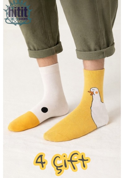 Hitit Socks Unisex 4 Çift Ördek Başı Desenli Çorap Ördek Dese... Çok Renkli