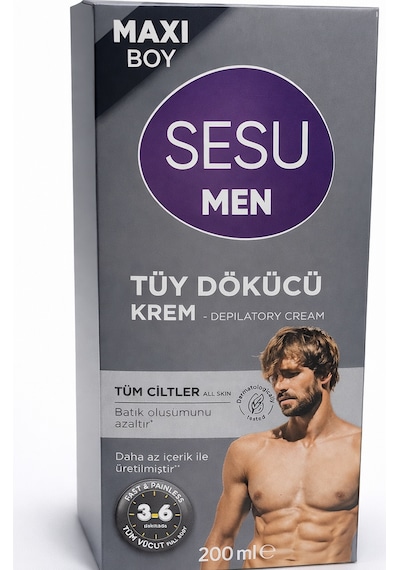 Sesu Men Tüy Dökücü Krem 200 Ml Maxi Boy Erkekler İçin Hızlı Etkili Depilasyon Kremi