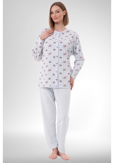 Mecit Pijama Mecit 6315 Mavi Kadın Boydan Düğmeli Büyük Beden Pijama Takımı Mavi