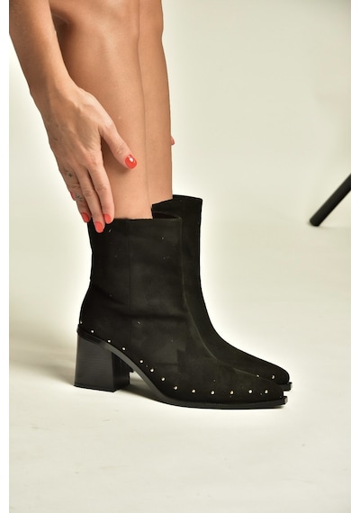 Fox Shoes Z308400102 Siyah Süet Kalın Topuklu Pimli Kadın Bot