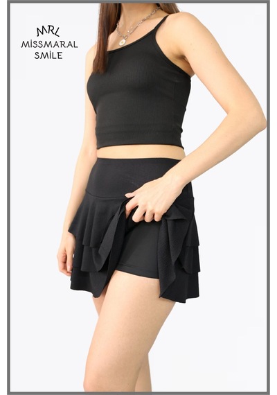 Mykonos Etek Siyah Içte Sabit Şortlu Yüksek Bel Likralı Bürümcük Kumaş Skirt With Shorts 1101 Siyah