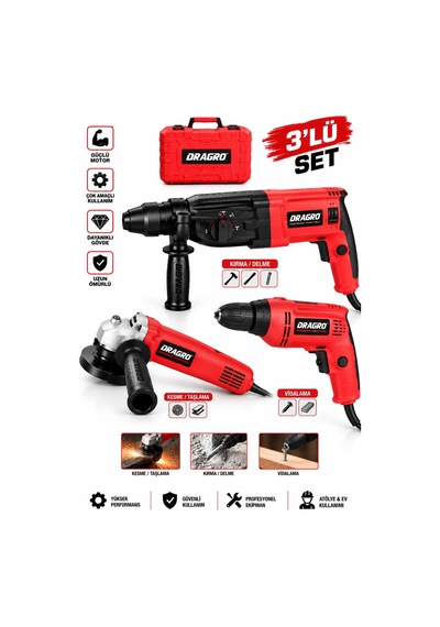 Dragro DRG-3L Çelik Şanzıman Elektrikli 3'lü Set K Matkap + Taşlama + Kırıcı Delici Hilti