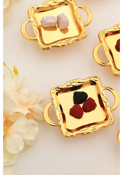 Mini Kulplu Kare Model Ayaklı Lokumluk 6'lı Takım Gold Renkli