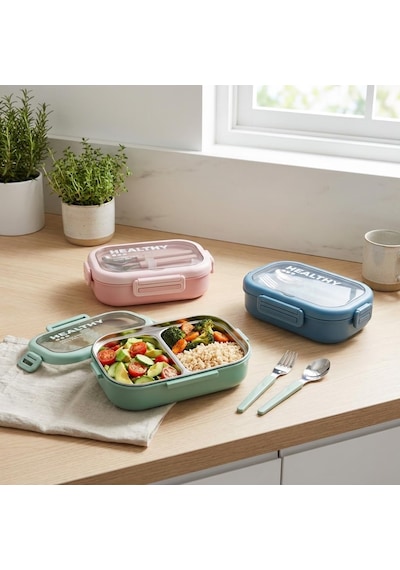 Deconox Paslanmaz Çelik Yemek Kabı 800 Ml, 2 Bölmeli Lunch Box, Çatal Kaşık Dahil, Kilitli Kapaklı Saklama Ve Taşıma Kabı, 21x15x6,6 Cm, Pembe/mavi/yeşil Çok Renkli