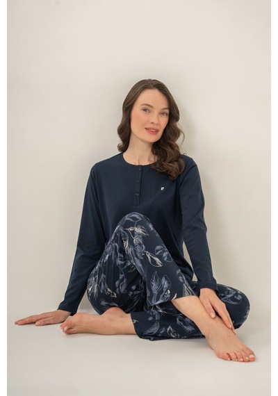 Pierre Cardin Kadın Leaves Lacivert Uzun Kol Pijama Takım Pc9258-s-v1 Pc9258-s-v1