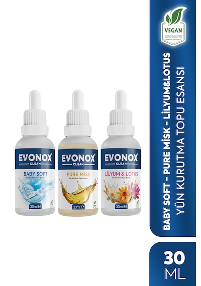 Clean Çamaşır Yün Kurutma Topu Esansı Koku Seti 30 Ml - 3 Adet Lilyumlotus + Pure Misk + Baby Soft 3'lü Set