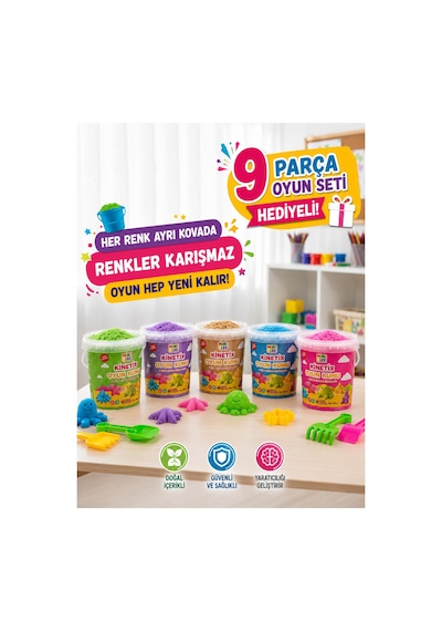 Doğal Kinetik Oyun Kumu 2,5 Kg 5 500 Gr Ayrı Kova 9 Parça Oyun Seti Hediyeli 5 Renk 5 Renk