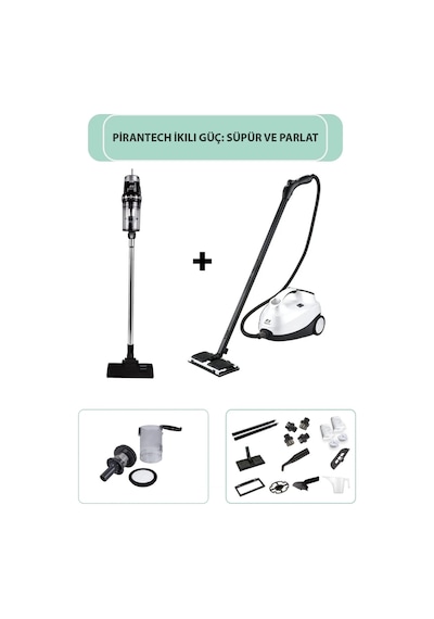 Pirantech CB-107C Çok Fonksiyonlu Buharlı Temizlik Makinası + EK200 Torbasız Kablolu Dikey Süpürge