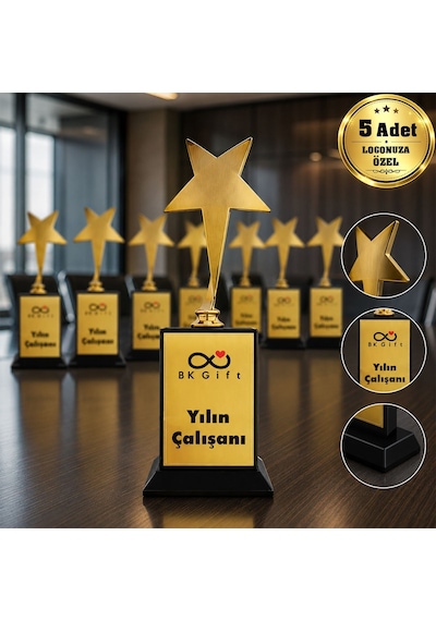 Logonuza Özel 5 Adet Mesajlı Gold Renk Büyük Yıldız Oskar Kurumsal Ödülü 22 X 8 Cm