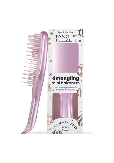 Mini Ultimate Detangler Chrome Saç Açıcı Fırça Islak Ve Kuru Saçlar İçin Satin Pink Patentli Çift Katmanlı Diş Teknolojisi Seyahat Boyu