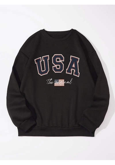 Unisex Oversize Siyah The Usa Baskılı Bisiklet Yaka Sweatshirt Koyu Siyah