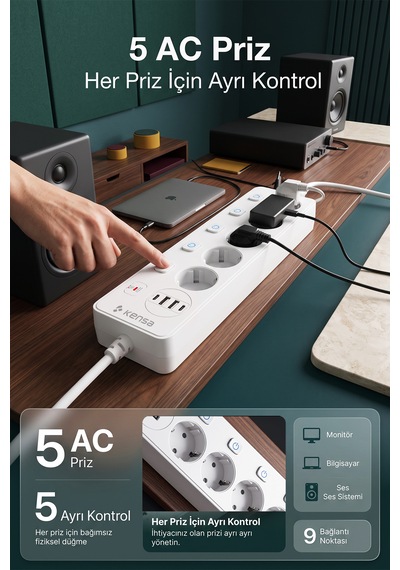 Akım Korumalı Priz 5'li + 2x Usb-a + 2x Usb-c 2 Metre Kablo 2 m