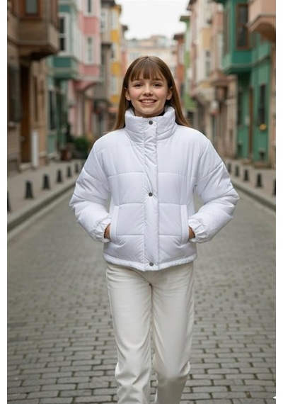 Veraura Lifestyle Kız Çocuk Beyaz Çıtçıtlı Fermuarlı Şişme Mont