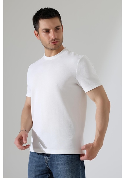 Rıbana Classıc Erkek Fitilli Slim Fit Bisiklet Yaka Düz Renk T-shirt Beyaz