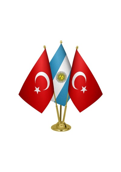 Masa Üstü Arjantin Bayrağı Türk Bayrağı Üçlü Pirinç Direk Masa Ba
