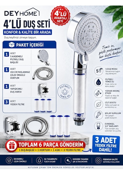 Filtreli Duş Başlığı, 5 Kademeli Su Akışlı, Yüksek Basınçlı, Kireç Önleyici, Beyaz-krom, El Duşu 4'lü Set