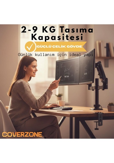 17 32 İnç Amortisörlü Çiftli Pivot Monitör Kolu, Gazlı Yaylı, 2 9 Kg, Çift Montaj Seçeneği Sıkıştırma Ve Vidalama, 360 Döner, Vesa Uyumlu Stant, M02, Siyah