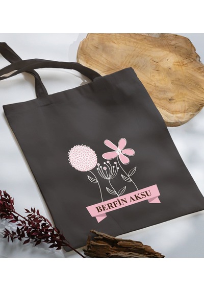 Bk Gift Kişiye Özel İsimli Anneler Günü Tasarımlı Antrasit Kumaş Bez Çanta, Baskılı Omuz Çantası, Alışveriş Çantası, Anneler Günü Hediyesi, Anneye Hediye-4 Sarı