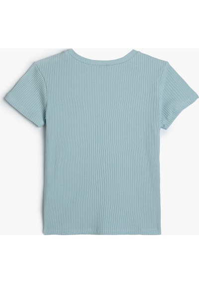 Koton Crop Tişört Kısa Kollu Ribanalı Bisiklet Yaka Pamuklu Mavi 4skg10085ak Mavi