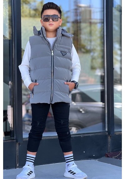 Pina Kids Erkek Çocuk Çıtçıt Kapüşonlu Nova Kumaş Şişme Yelek Ylk3026 Füme