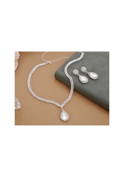 Glema - Kristal Taşlı Su Damlası Gümüş Kaplama Şık Düğün Kolye Küpe Hediye Takı Seti Şeffaf