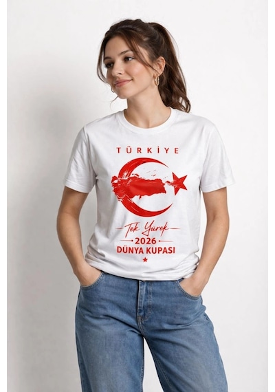 Moda Kadın Türkiye Ay Yıldız 2026 Dünya Kupasi Taraftar Forma T-shirt - Beyaz Çok Renkli