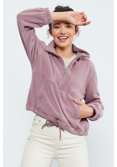 Tommy Life Gül Kurusu Yarım Fermuar Etek Ucu Büzgülü Kadın Polar Oversize Sweatshirt - 97171 Gülkurusu