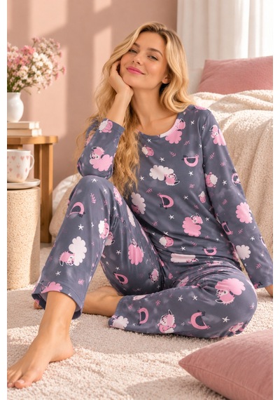 Free Beka Bisiklet Yaka Şık Desenli Rahat Ve Esnek Kumaş Uzun Kollu Kadın Pijama Takımı Gri