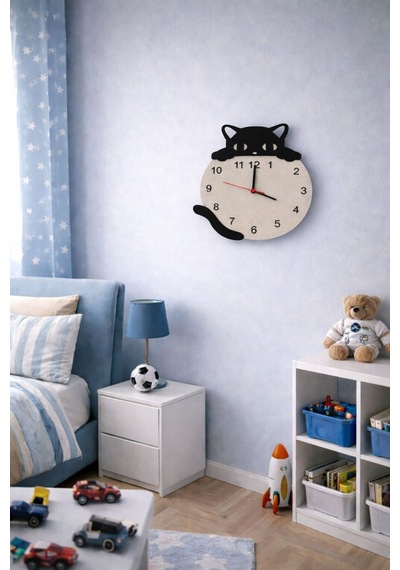 Arliadesign Kedi Figürlü Ahşap Dekor Hediyelik Duvar Saati / 6 Mm Mdf