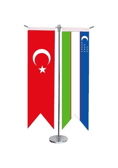 Masa Üstü Kırlangıç Özbekistan + Türk Bayrağı + Krom T Direk Masa