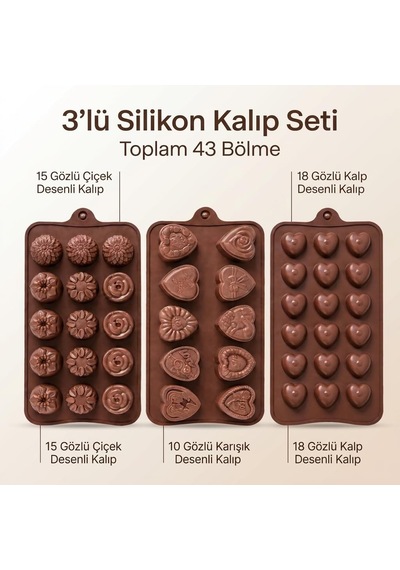 3'lü Silikon Çikolata Ve Buz Kalıbı Seti, 18 Gözlü Kalp, 15 Gözlü Çiçek Ve 10 Gözlü Desenli Kalıp, Toplam 43 Göz, Kahverengi Çok Renkli