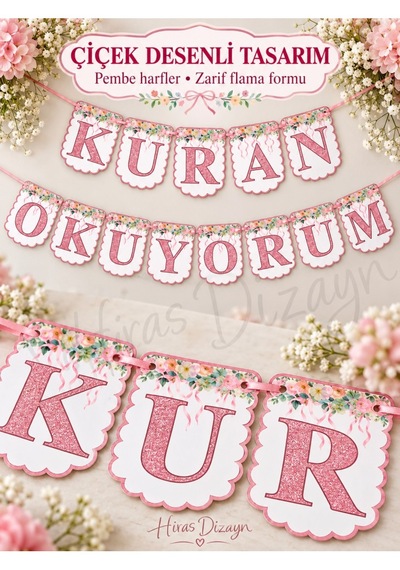 Hiras Dizayn Pembe Kuran Okuyorum İpli Banner Seti 13 Harfli Çiçek Desenli Duvar Süsü Standart