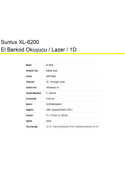 Sunlux Xl6200 El Barkod Okuyucu Lazer Okuma Teknolojisi