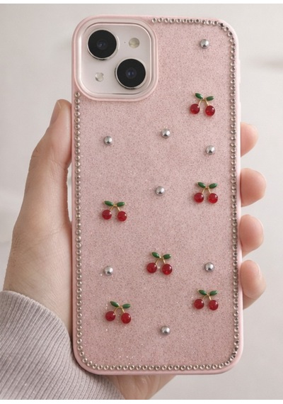 Apple Uyumlu iPhone 13- 14 Kiraz Figürlü Simli İnci Taşlı Lüx Silikon Kılıf Pembe