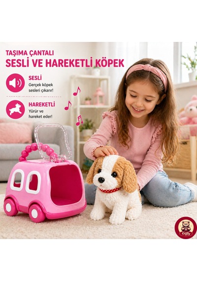 Oyuncak Köpek Taşıma Çantalı Sesli Hareketli Pilli, Emekleme Oyuncağı Aksesuarlı Çocuklar İçin Eğitici Hayvan Sevgisi Pembe
