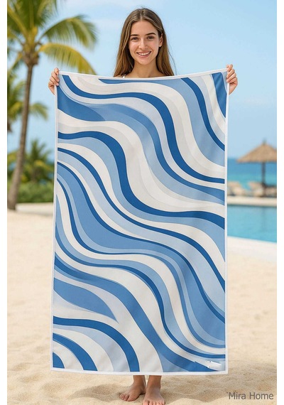 Unisex Desenli Baskılı Deniz Plaj Havlusu Dalga Desen 70x140 Cm Beyaz