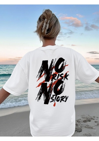 Uyguntarz Unisex No Rısk No Story Baskılı Tasarım Tshirt Beyaz