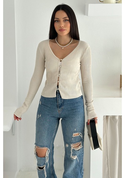 Noa & Noa Kadın Düğme Detaylı Fit Triko Bluz Zarif & Modern Stil Bej Noa & Noa Kadın Düğme Detaylı Fit Triko Bluz Zarif & Modern Stil Bej