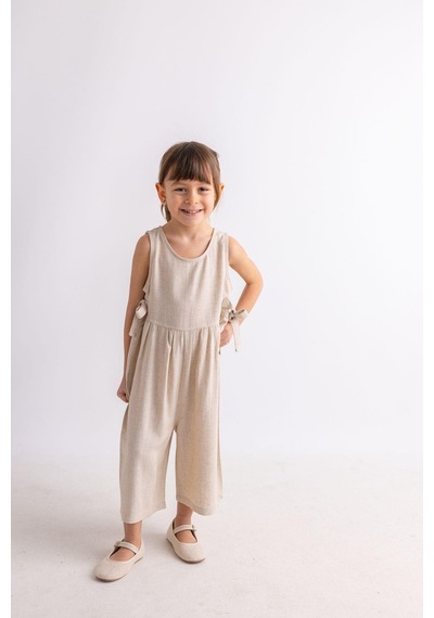 Oliven The Kid Oliventhekid Bej Naturel Keten Yazlık Kolsuz Arkası Düğmeli Çift Bağcıklı Kız Çocuk Tulum Bej Bej