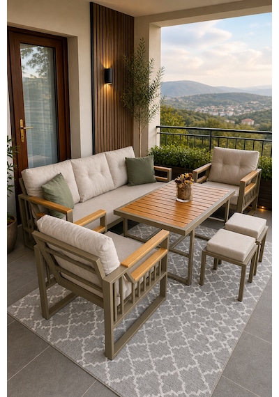 Esinti Balkon Takımı, Cappuccino Bahçe Takımı 5+1 Masa 70x110 3lü Koltuk 70x180 Tekli Koltuk 70x70