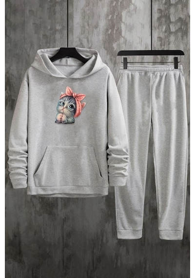 Uyguntarz Unisex Sevimli Kedi Eşofman Takımı Gri