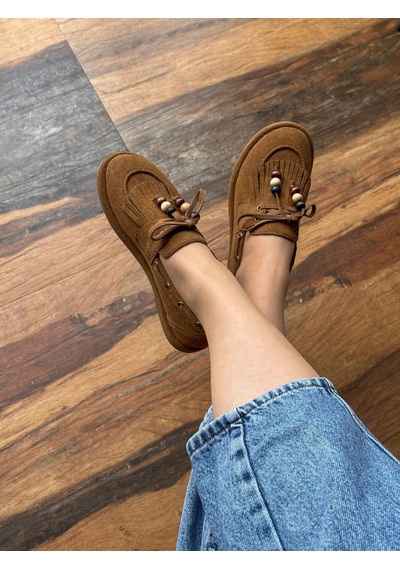 Erva'nın Butiği Taba Süet Shake Saraçlı Boncuk Detay Kadın Loafer-6013