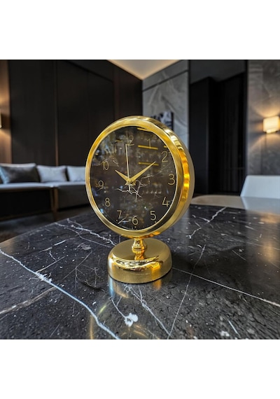 Tr Sleepnova Gold Marble Altın Renk Çerçeveli Siyah Mermer Desenli Masa Saati Diğer